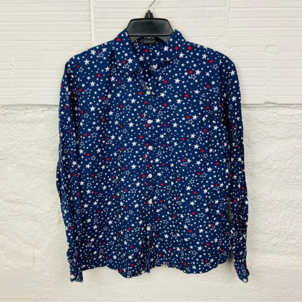 Dokkia Navy denim fourth of July Star red white & blue Pattern Blouse size XL